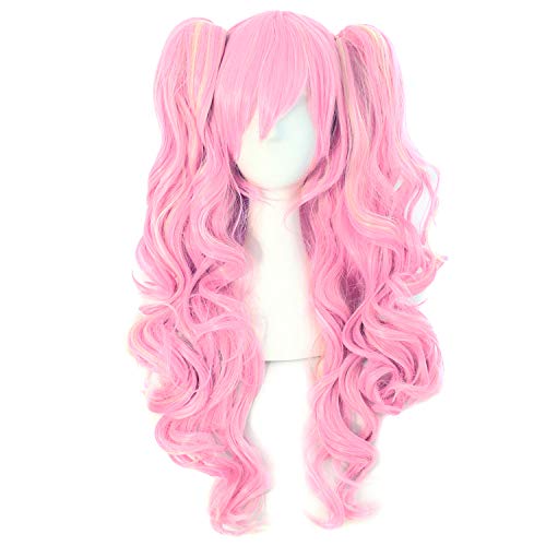 MapofBeauty Multicolor Lolita Long Curly Clip on synthetic Ponytails Cosplay Wig PinkBlonde - Image 1