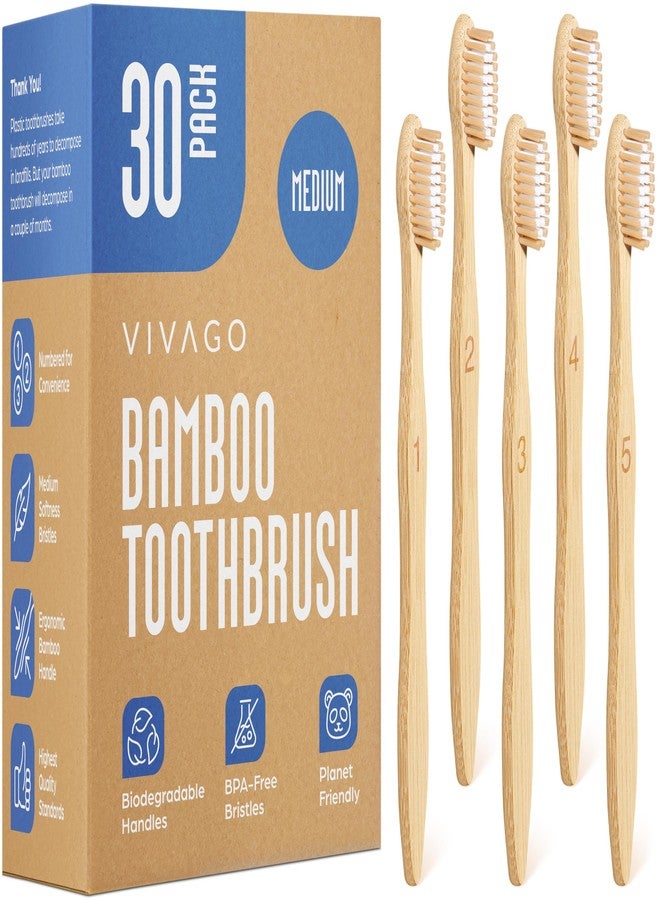 VIVAGO Bamboo Toothbrushes Medium Bristles 30 Pack - BPA Free Medium Bristles Toothbrushes for Adults - Eco-Friendly, Natural Wooden Toothbrush - Image 1