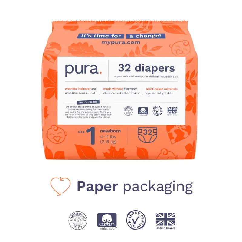 Pura Hypoallergenic Diapers, Size 1 (4-11 lbs), Newborn, Totally Chlorine Free, Wetness Indicator, Suitable for Sensitive Skin, Soft Organic Cotton Comfort, Overnight, 1 Pack of 32 Baby Diapers - Image 2