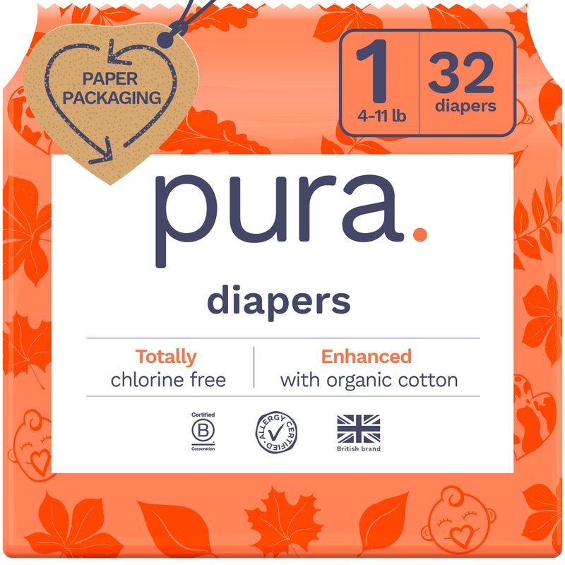 Pura Hypoallergenic Diapers, Size 1 (4-11 lbs), Newborn, Totally Chlorine Free, Wetness Indicator, Suitable for Sensitive Skin, Soft Organic Cotton Comfort, Overnight, 1 Pack of 32 Baby Diapers - Image 1
