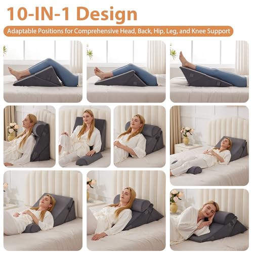 BIEEZZK 3PCS Wedge Pillow for Acid Reflux Relief, Adjustable Wedge Pillow Headboard, Bed Wedges Pillow for Back Pain Relief, Sleeping, Post Surgery, Back Support Pillows for Sitting Up, Snoring, Plush Grey - Image 2