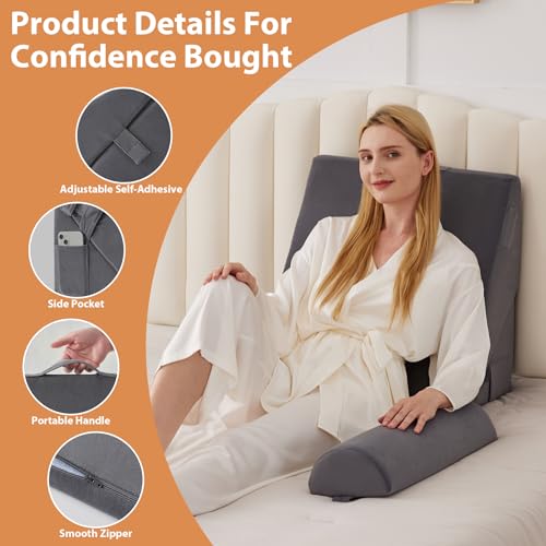 BIEEZZK 3PCS Wedge Pillow for Acid Reflux Relief, Adjustable Wedge Pillow Headboard, Bed Wedges Pillow for Back Pain Relief, Sleeping, Post Surgery, Back Support Pillows for Sitting Up, Snoring, Plush Grey - Image 4