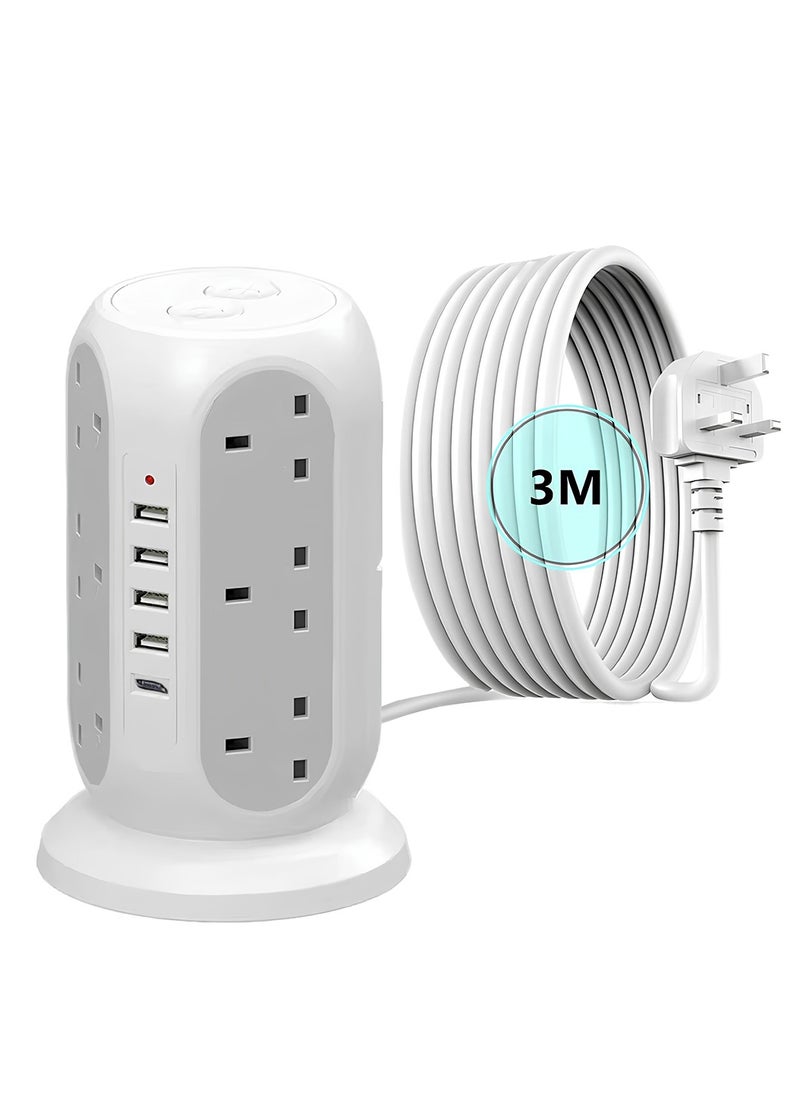 AMROAH 3M Cord Extension Tower Strip 12 Outlets 4 USB A 1 Type C 2 Switch, Surge Protector Multi Extension Tower Lead Multiplug Socket, Extension Cord with Multiple Plug for Home Office Dorm  - Image 1