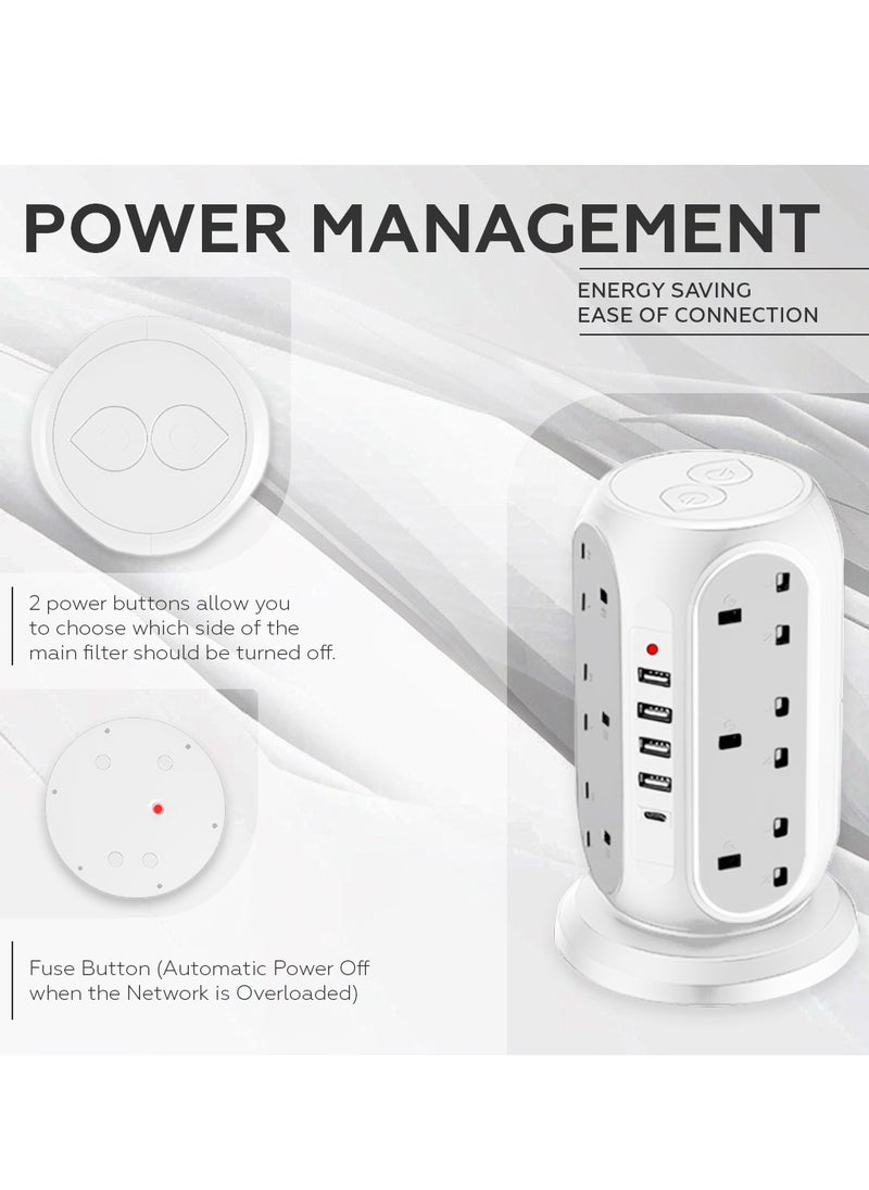 AMROAH - 3M Cord Extension Tower Strip 12 Outlets 4 USB A 1 Type C 2 Switch, Surge Protector Multi Extension Tower Lead Multiplug Socket, Extension Cord with Multiple Plug for Home Office Dorm - Image 1