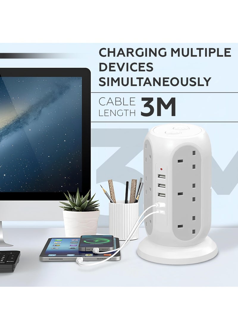 AMROAH 3M Cord Extension Tower Strip 12 Outlets 4 USB A 1 Type C 2 Switch, Surge Protector Multi Extension Tower Lead Multiplug Socket, Extension Cord with Multiple Plug for Home Office Dorm  - Image 4