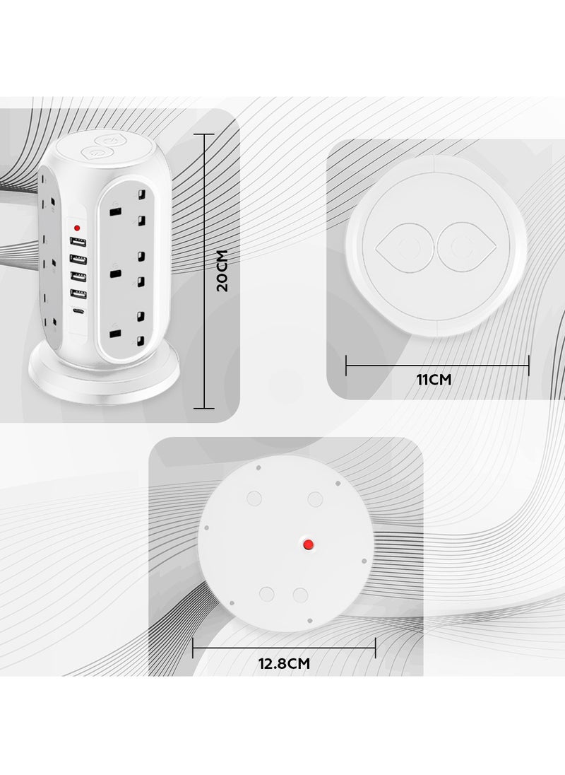 AMROAH 3M Cord Extension Tower Strip 12 Outlets 4 USB A 1 Type C 2 Switch, Surge Protector Multi Extension Tower Lead Multiplug Socket, Extension Cord with Multiple Plug for Home Office Dorm  - Image 3