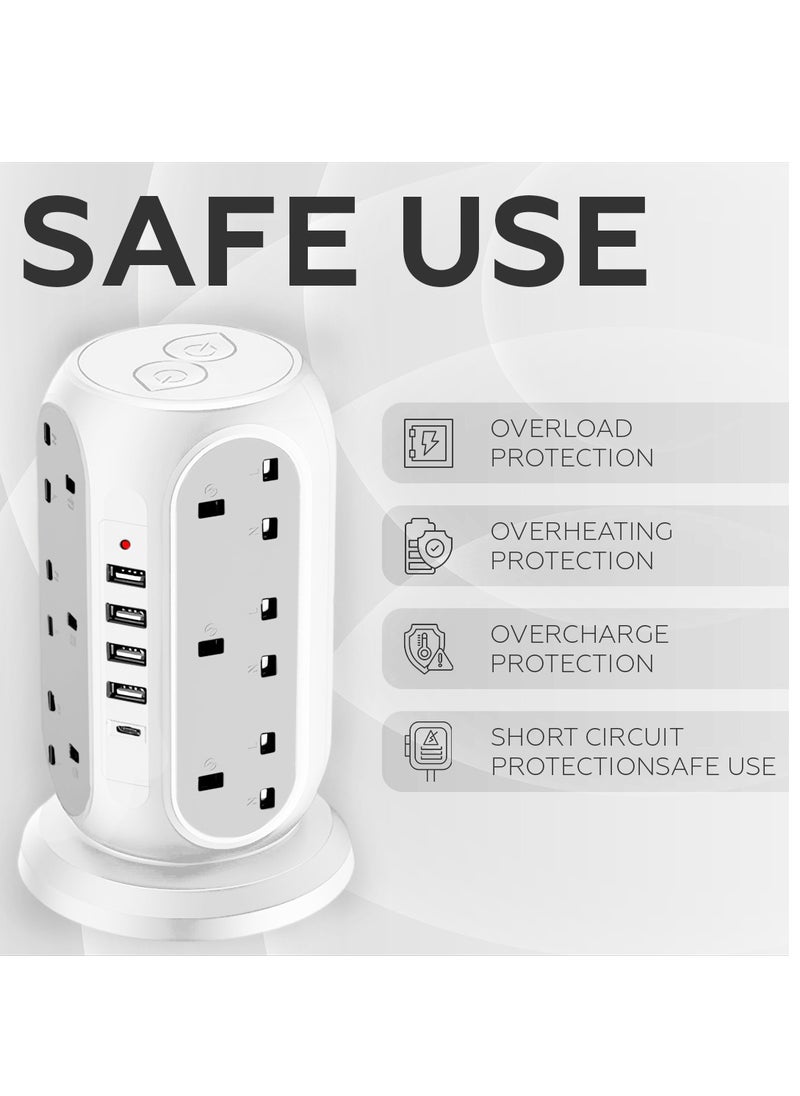 AMROAH 3M Cord Extension Tower Strip 12 Outlets 4 USB A 1 Type C 2 Switch, Surge Protector Multi Extension Tower Lead Multiplug Socket, Extension Cord with Multiple Plug for Home Office Dorm  - Image 5