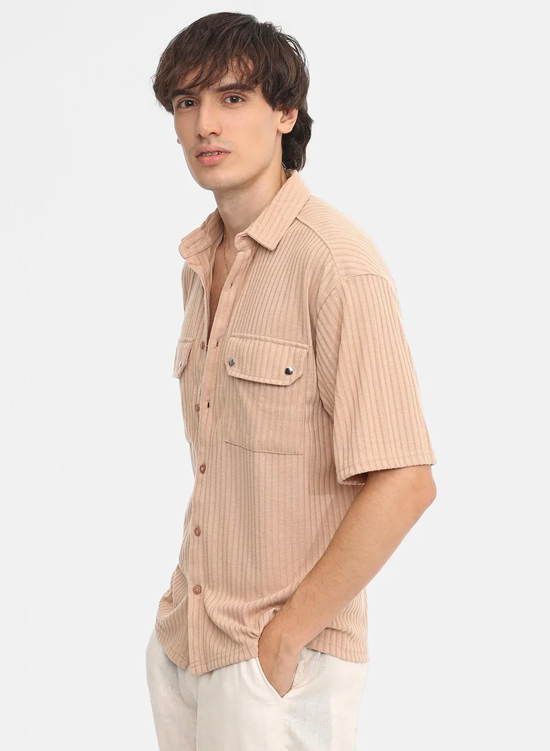 كامبوس سوترا Men's Light Beige Textured Knit Shirt