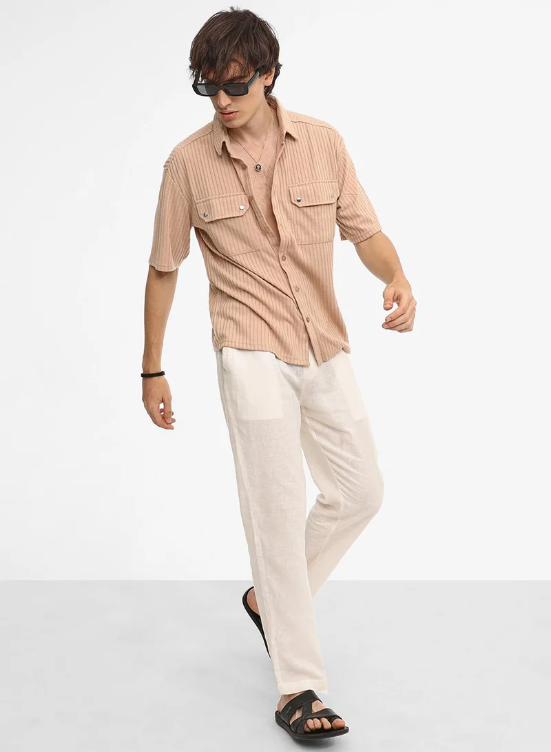 كامبوس سوترا Men's Light Beige Textured Knit Shirt