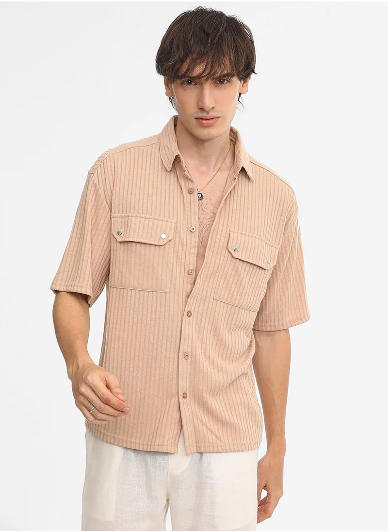 كامبوس سوترا Men's Light Beige Textured Knit Shirt
