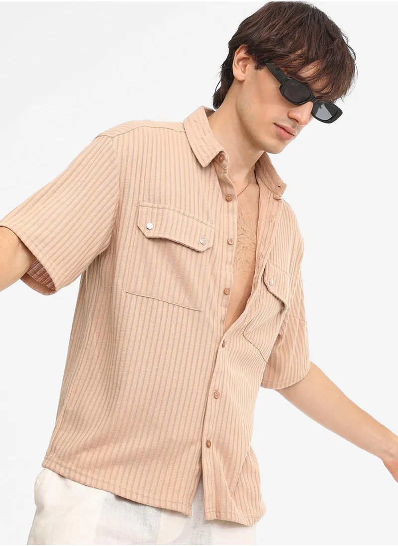 كامبوس سوترا Men's Light Beige Textured Knit Shirt