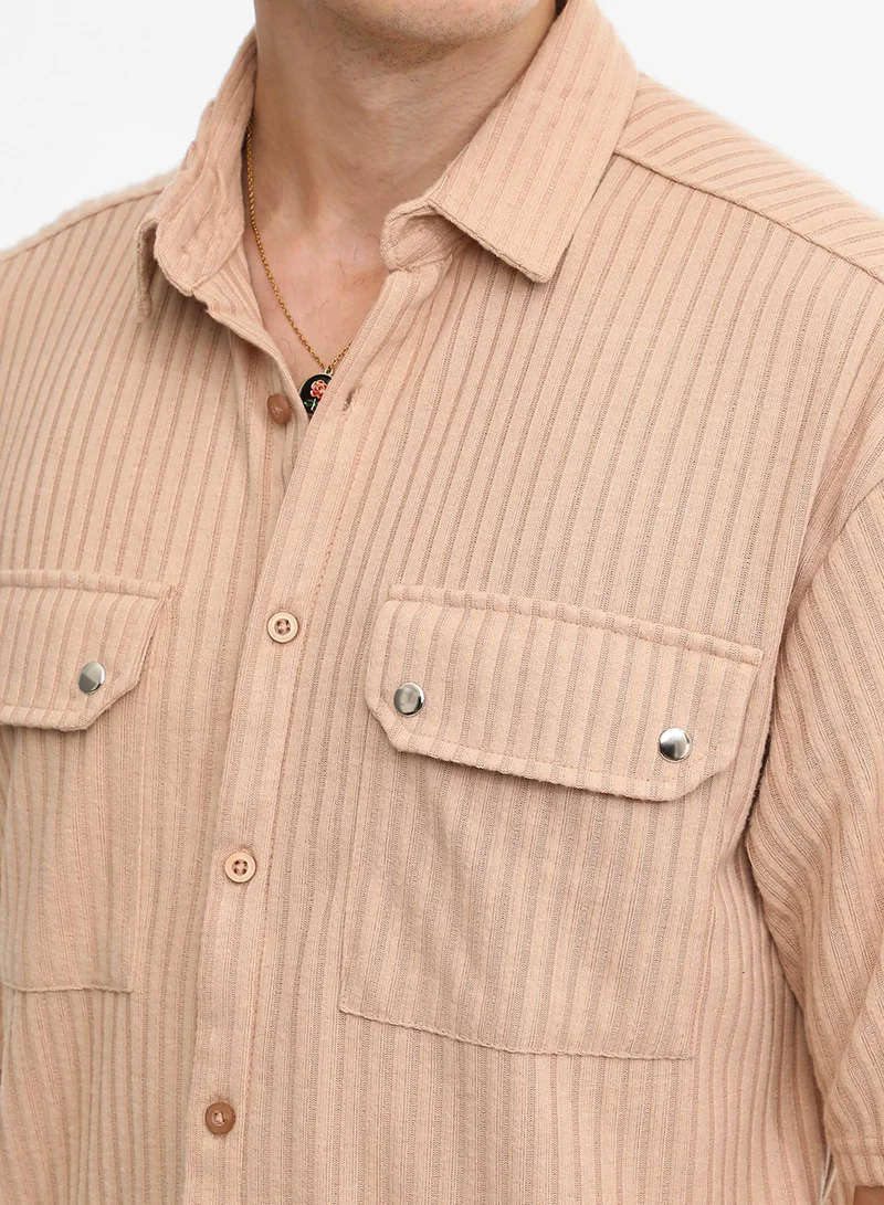 كامبوس سوترا Men's Light Beige Textured Knit Shirt
