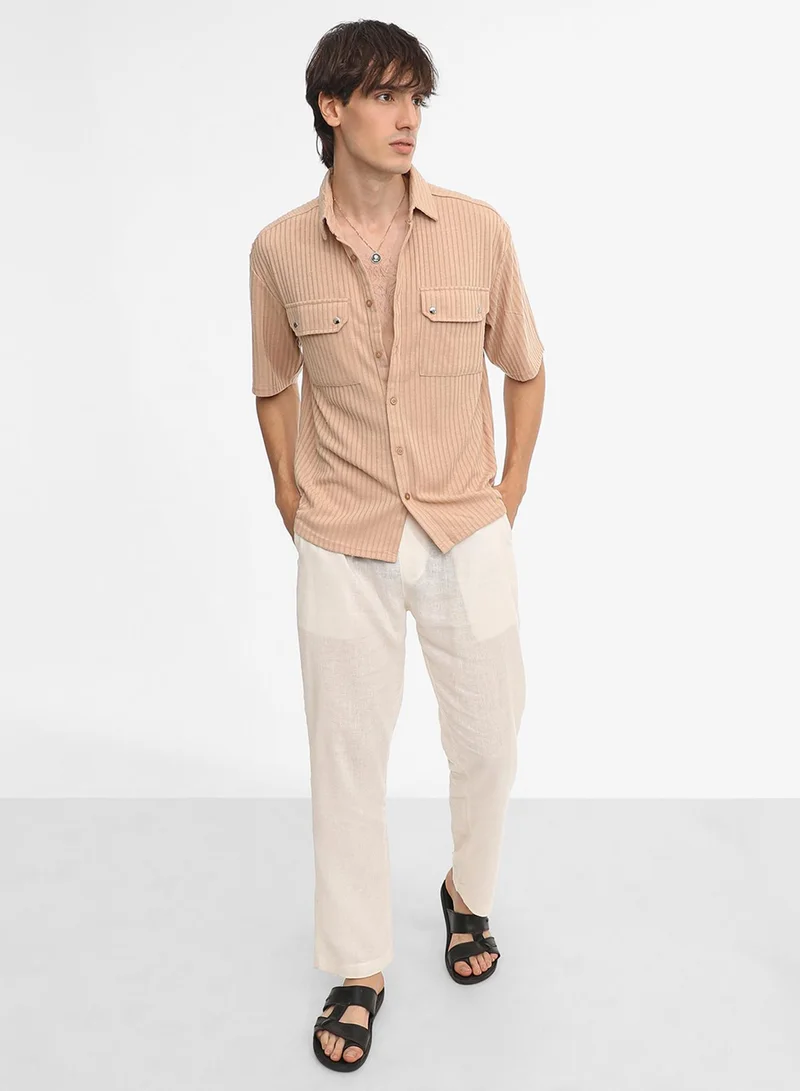 كامبوس سوترا Men's Light Beige Textured Knit Shirt