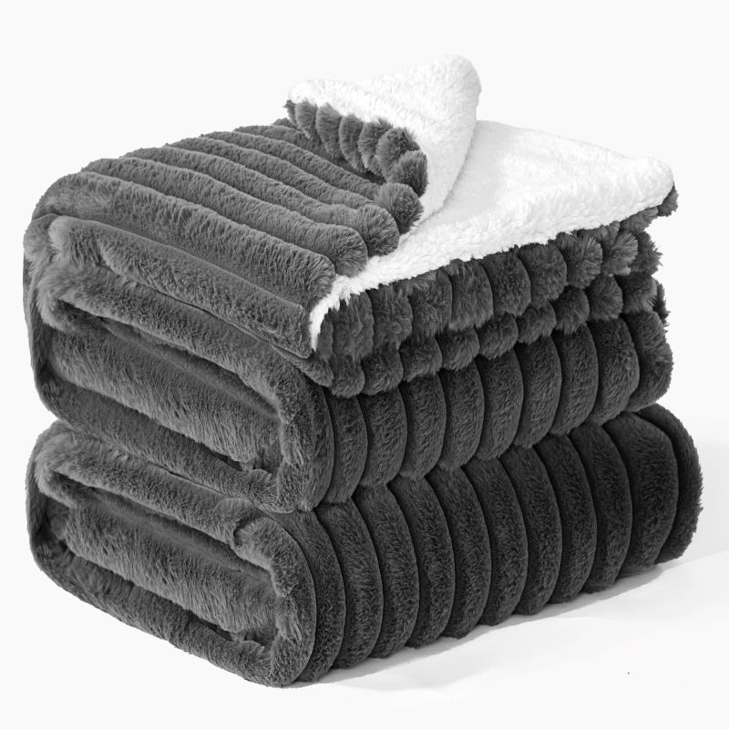 INFIIXSO Sherpa Fleece Queen Size Blanket Super Soft Warm Striped Fleece Cozy Plush Fluffy Large Bed Blanket All Season Use Grey 90x90 Inches