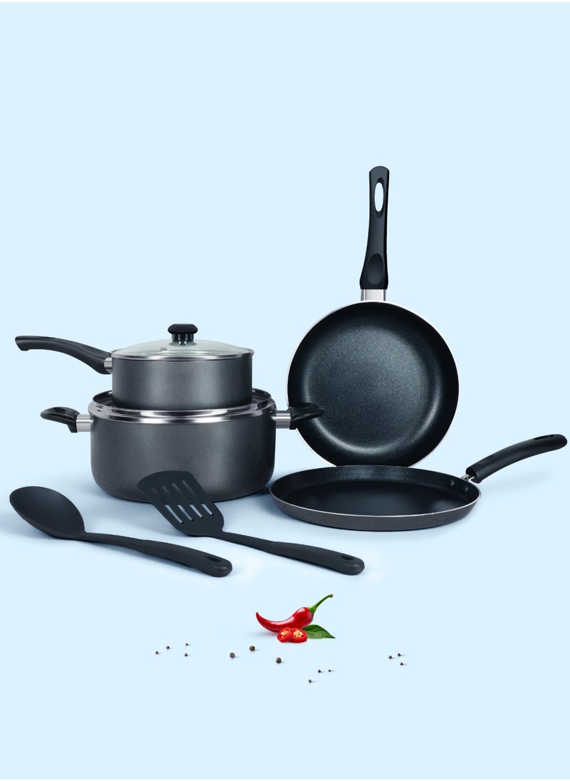 DELICI 8 Piece Nonstick Aluminium Cookware Set With 10X Tougher Coating, Quick Heat Distribution, Hot Plate, Halogen, Ceramic & Gas Compatible, Includes 24cm 2 Saucepan with Glass Lid,24cm Frypan,26cm Tawa Pan,18cm Milk Pan With Glass Lid,2 2pcs Nylon Turner  - Image 2