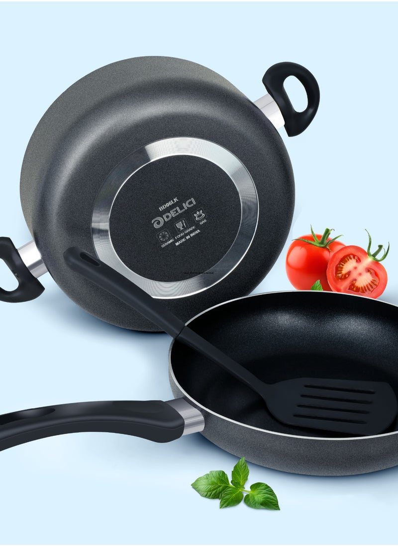 DELICI 8 Piece Nonstick Aluminium Cookware Set With 10X Tougher Coating, Quick Heat Distribution, Hot Plate, Halogen, Ceramic & Gas Compatible, Includes 24cm 2 Saucepan with Glass Lid,24cm Frypan,26cm Tawa Pan,18cm Milk Pan With Glass Lid,2 2pcs Nylon Turner  - Image 3