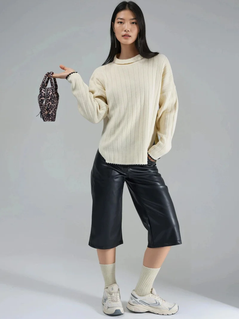 MY FASHION Beige Natural MY FASHION Oversized Sweater with Stitch Detail for Women | Best Price UAE