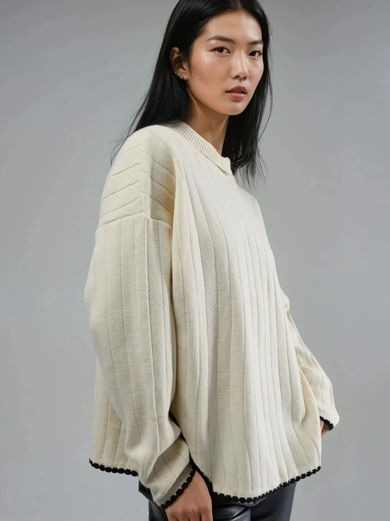 MY FASHION Beige Natural MY FASHION Oversized Sweater with Stitch Detail for Women | Best Price UAE