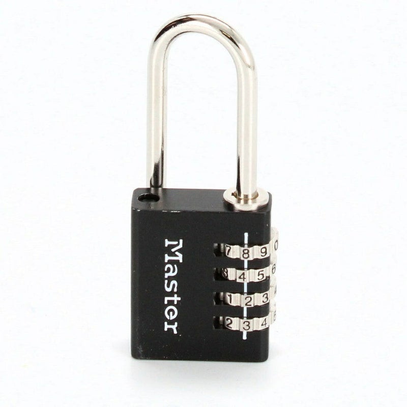 ماستر لوك 7640EURDBLK قفل ألومنيوم برمز 4 أرقام، عرض 40 ملم، أسود، رمز قابل للضبط مع 10,000 احتمال، عقفة فولاذية مطلية بالكروم 6 مم × 27 مم، للخزائن وصناديق العدة والتخزين