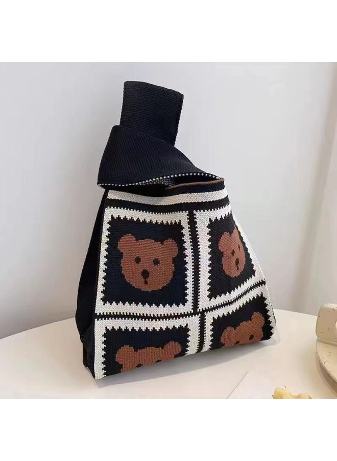 Generic - Ins Flower Cute Style Knitted Bag Hand Gift Bag Gift Bag Tote Bag Wool Bag Lunch Box Carrying Bag I-Color:Black 4 Bears - Image 1