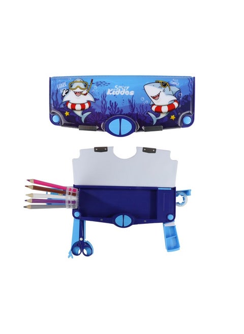 Smily Kiddos Multi Functional Pop Out Pencil Box for Kids Stationery for Children | 24.5 x 4 x 10cm | - Shark Theme - Blue