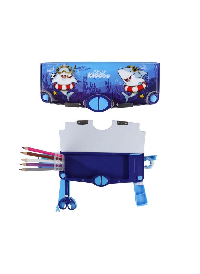 SMILY KIDDOS Smily Kiddos Multi Functional Pop Out Pencil Box for Kids Stationery for Children | 24.5 x 4 x 10cm | - Shark Theme - Blue  - Image 1