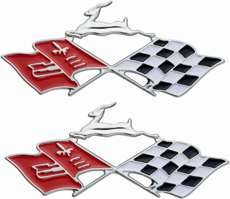2Pc 1961 Impala Die Cast Rear Quarter Panel Emblem Crossed Flag 3D Badge Sticker KC4525 - Image 1