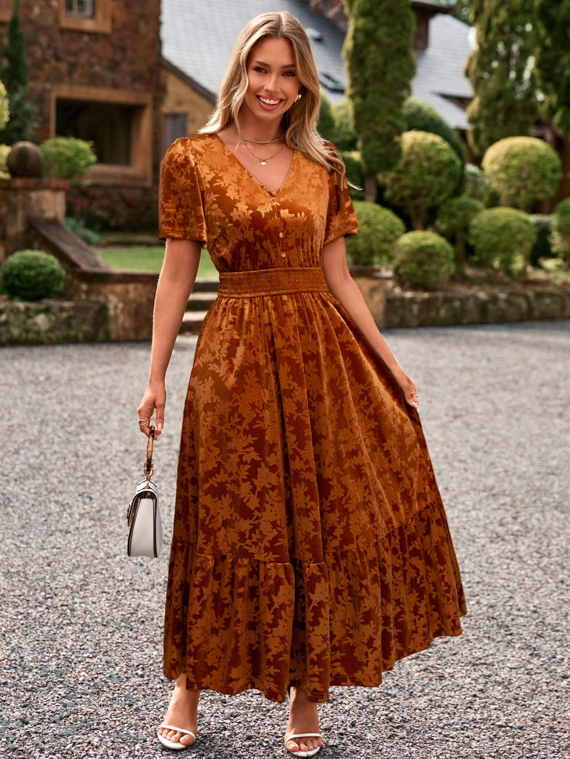 Simplee Womens Fall Velvet Dress - Short Sleeve V Neck Floral Maxi Dress Long Formal Winter Wedding Guest Dresses Orange M - Image 2