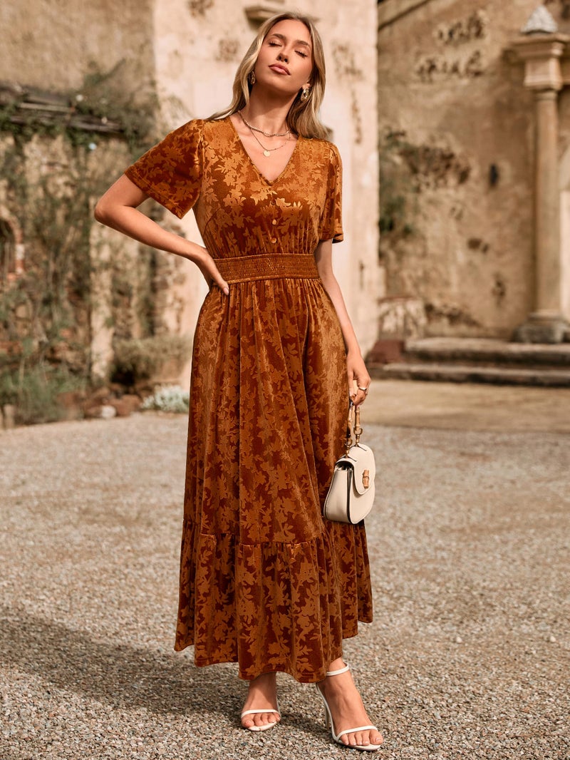 Simplee Womens Fall Velvet Dress - Short Sleeve V Neck Floral Maxi Dress Long Formal Winter Wedding Guest Dresses Orange M - Image 3