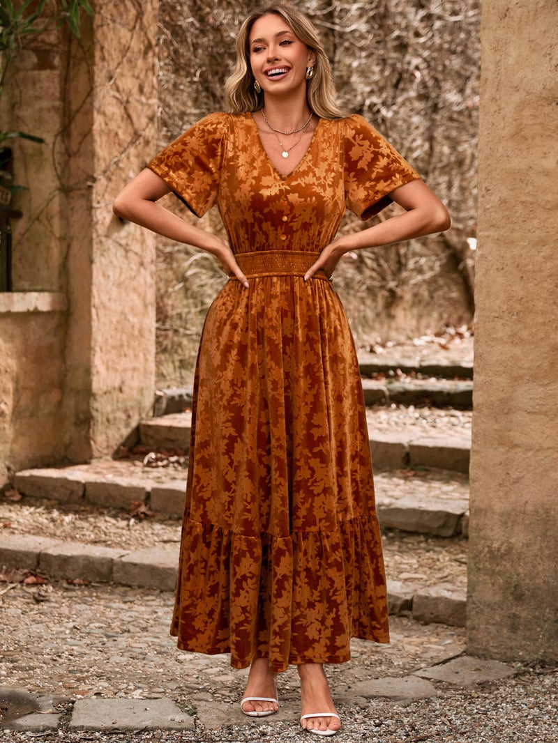 Simplee Womens Fall Velvet Dress - Short Sleeve V Neck Floral Maxi Dress Long Formal Winter Wedding Guest Dresses Orange M - Image 5