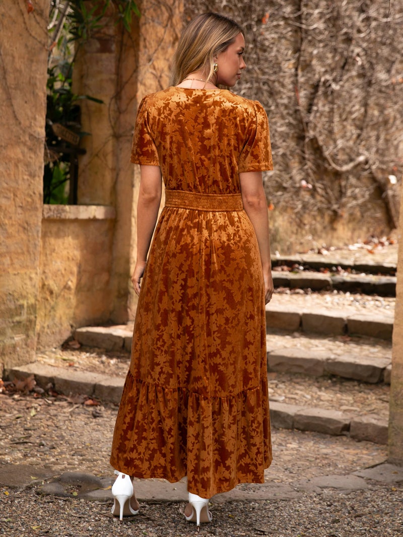 Simplee Womens Fall Velvet Dress - Short Sleeve V Neck Floral Maxi Dress Long Formal Winter Wedding Guest Dresses Orange M - Image 4