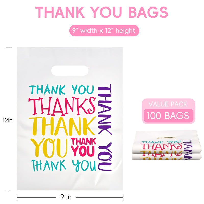 POPGIFTU Colorful Thank You Plastic Bags Bulk - 9"x12" Small Retail Shopping Bags with Die Cut Handle, 100 Pack - Perfect for Small Businesse, Boutiques, Merchandise, Clothing, Gifts, Goodie Party Favors - Image 2
