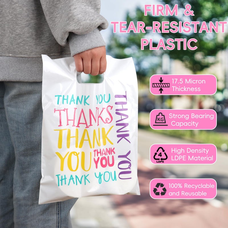 POPGIFTU Colorful Thank You Plastic Bags Bulk - 9"x12" Small Retail Shopping Bags with Die Cut Handle, 100 Pack - Perfect for Small Businesse, Boutiques, Merchandise, Clothing, Gifts, Goodie Party Favors - Image 3