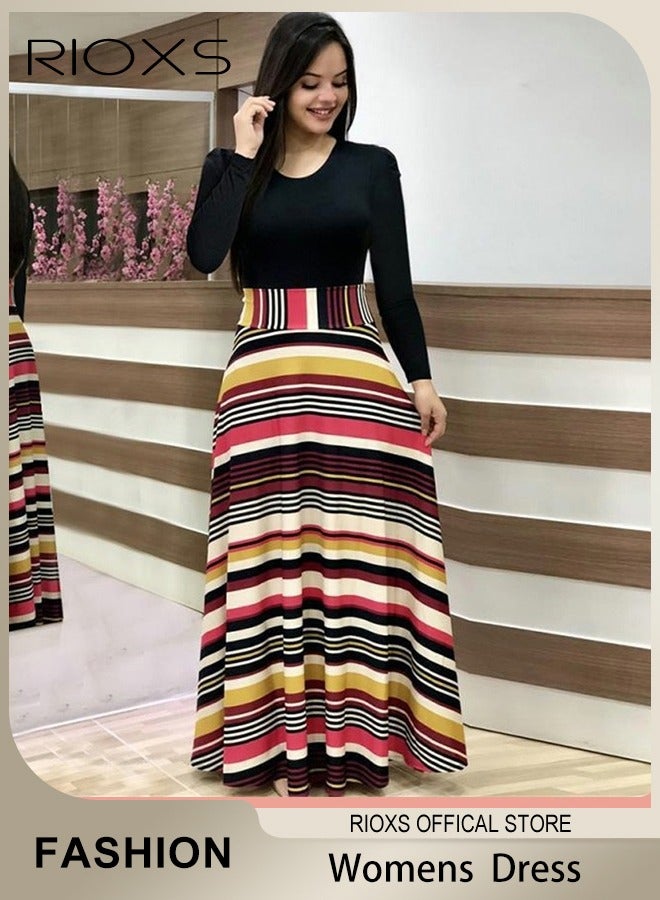 RIOXS Women's Long Sleeve Striped Long Dress Casual Beach Maxi Dress  - Image 1