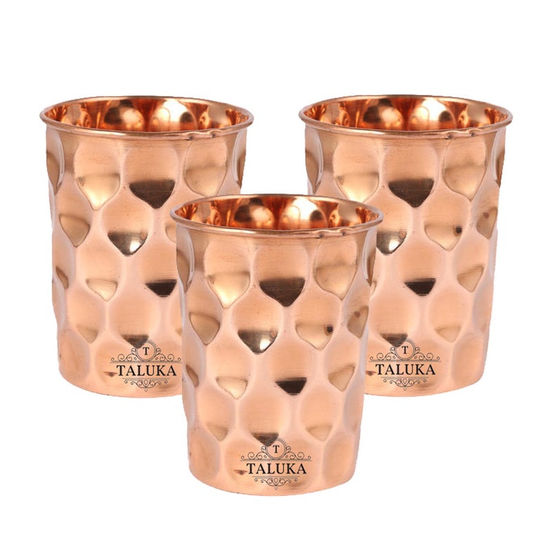 Taluka 38 X 28 Inch Set of 3 Hammered Diamond Copper Glass Tumble Drink Ware Serveware Health Benefits 300 ML - Image 1
