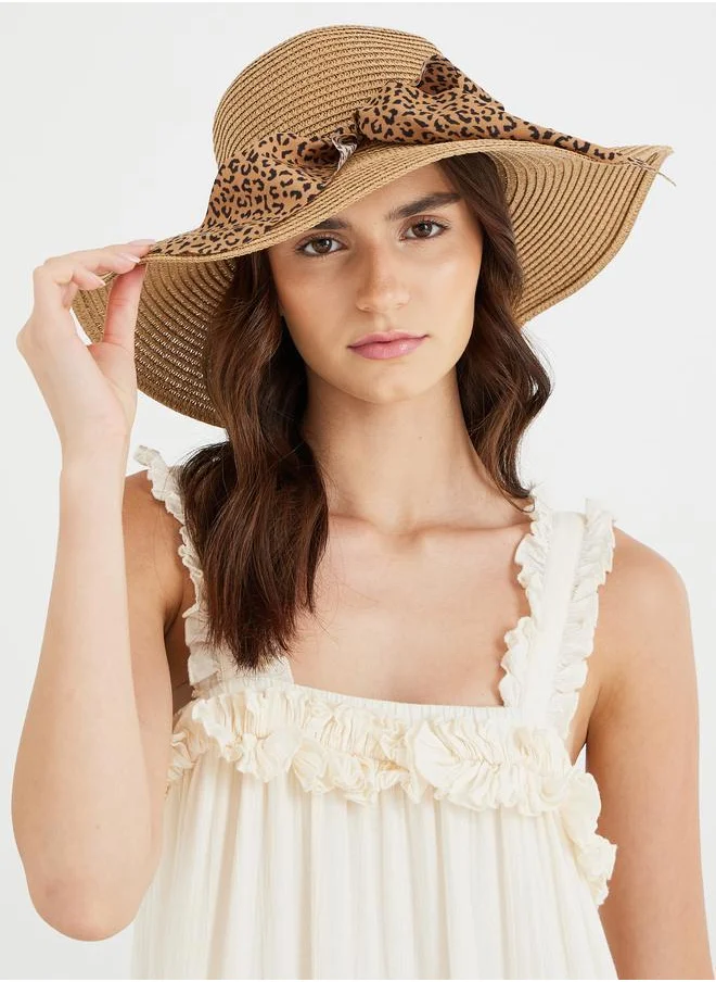 ستايلي Styli Animal Print Ribbon Detail Straw Panama Hat