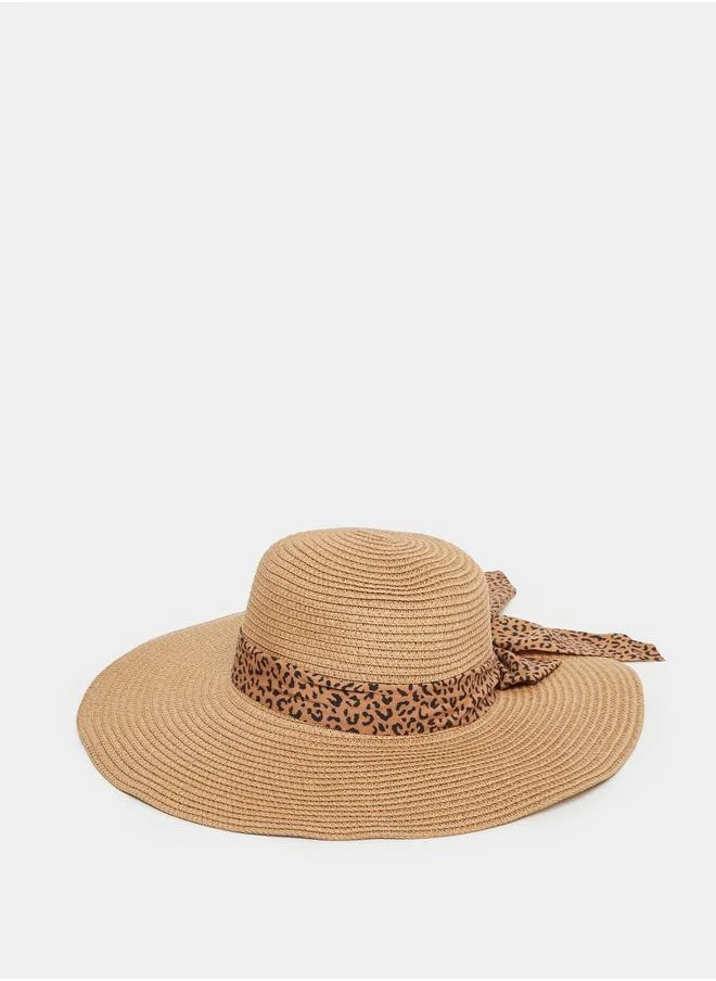 ستايلي Styli Animal Print Ribbon Detail Straw Panama Hat