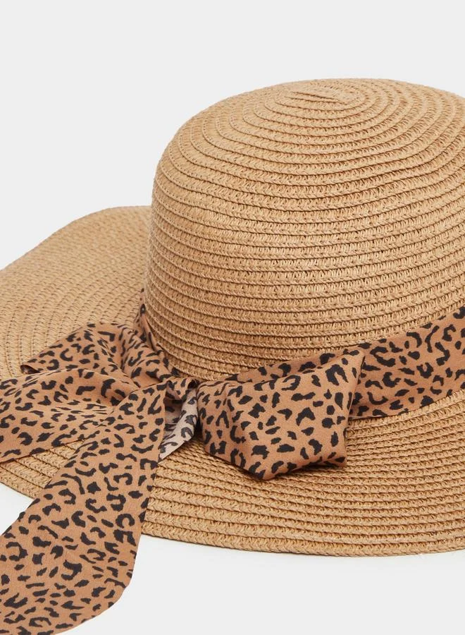 Styli Styli Animal Print Ribbon Detail Straw Panama Hat