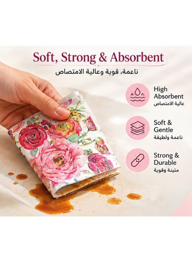 مناديل ورقية مزخرفة بالزهور، 20 ورقة، 33×33 سم، مناديل عشاء للاستخدام مرة واحدة، مناديل ورقية ناعمة ماصة بنقشة زهور، مثالية للحفلات والنزهات والاستخدام اليومي، مناديل كوكتيل مزخرفة بالزهور - Image 3
