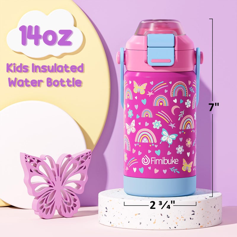 Fimibuke Kids Insulated Water Bottle with Pop-Open Straw & Spout 2-in-1 Lid, 14oz Kids Insulated 18/8 Stainless Steel Water Bottle for School Girls Boys Toddler Water Bottle Leak Proof Toddler Cups, Macaron - Image 5