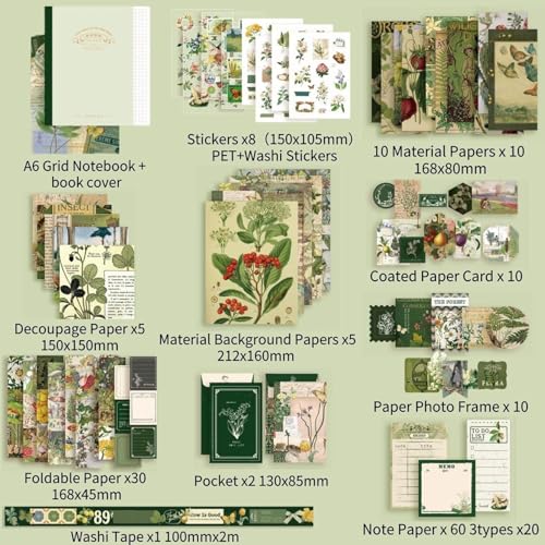GDNK 346pcs Vintage Journal Scrapbook Pack Kit for Art Journaling Bullet, Planners DIY Paper Stickers, Craft Kits Notebook, Collage Album Aesthetic Sticker (Moonlight) (Green) - Image 4