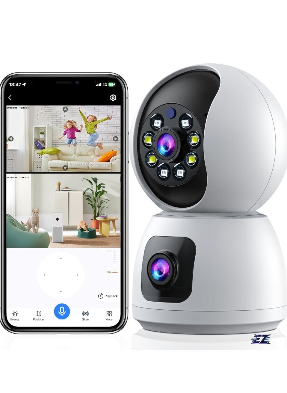 الترازون ELTRAZONE Indoor Camera Dual Lens Smart Security Camera Wireless Expanded Viewing Angle Motion Tracking Display Audio Phone Alerts Ideal For Home Office And Business Security