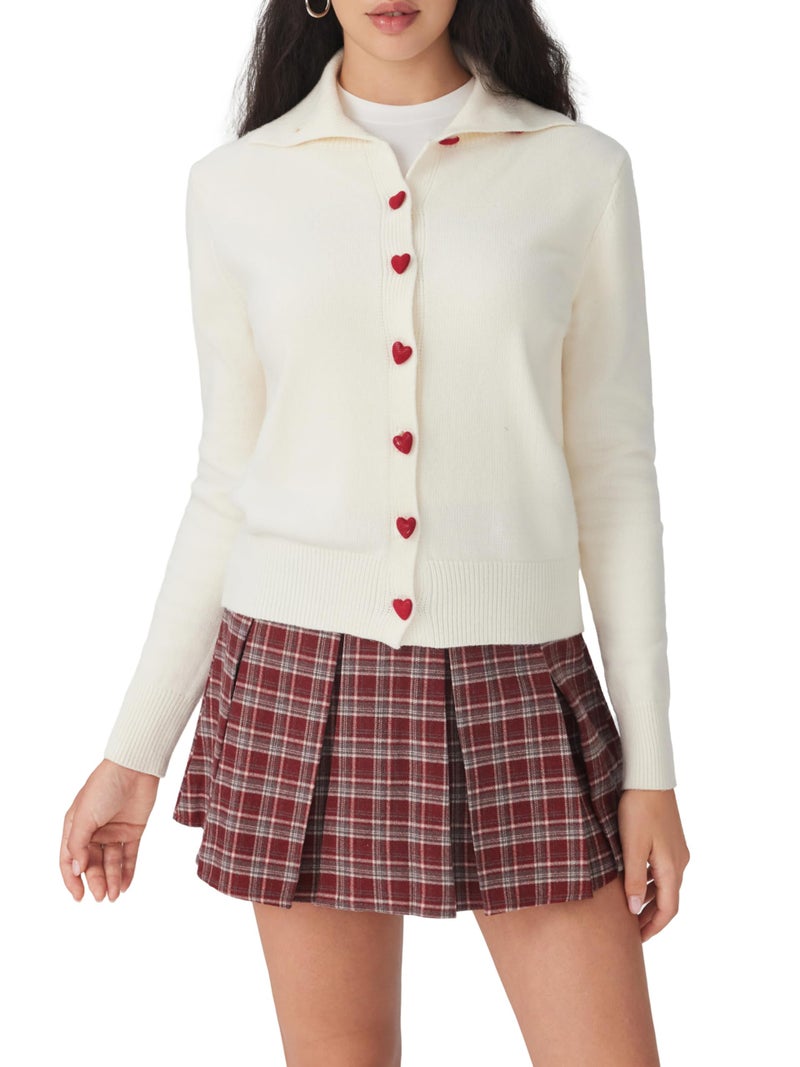 CIDER Cute Heart Button Cardigan Women Crew Neck Knit Sweater Fall Cardigan Long Sleeve Casual Classic Sweaters Beige - Image 3