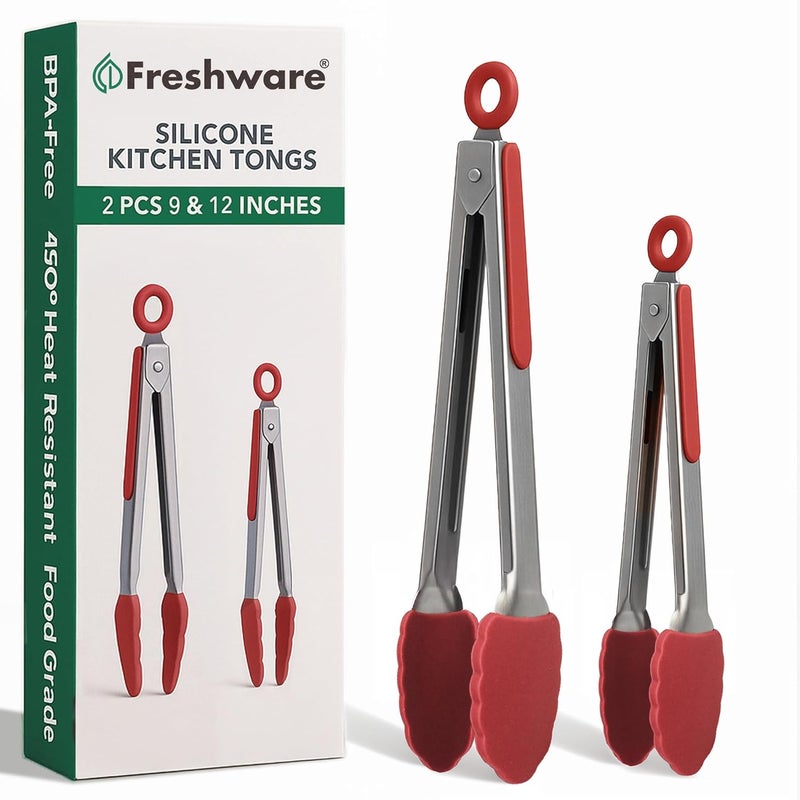 Freshware Stainless Steel Kitchen Tongs for Cooking with Silicone Tips, Silicone Tong for Grilling, Serving Food and Kitchen Essentials, 9" & 12" Silicone Tongs, Set of 2 - Image 1