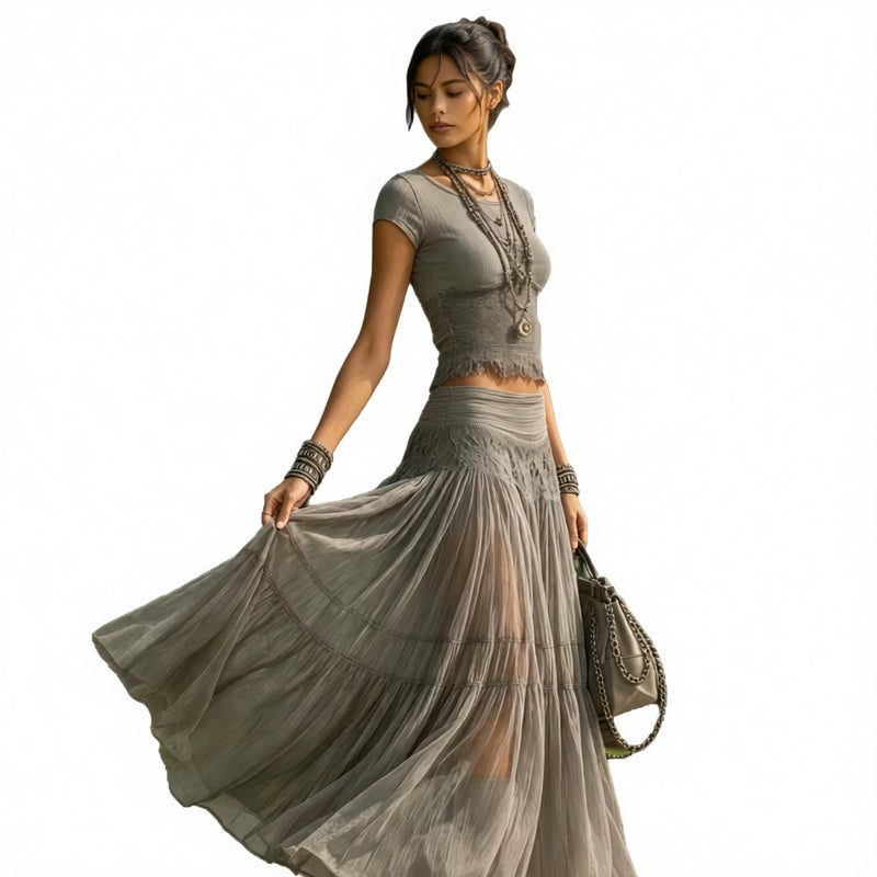 Women's Knit Top and Chiffon Long Skirt Two-Piece Set Flowy Fashion Outfit - Image 2