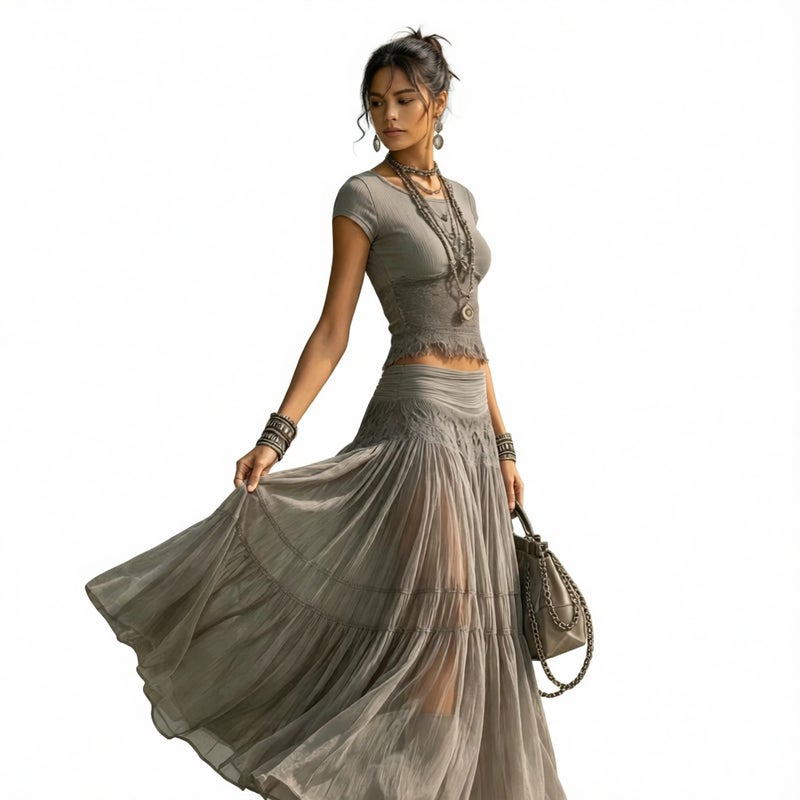 Women's Knit Top and Chiffon Long Skirt Two-Piece Set Flowy Fashion Outfit - Image 1