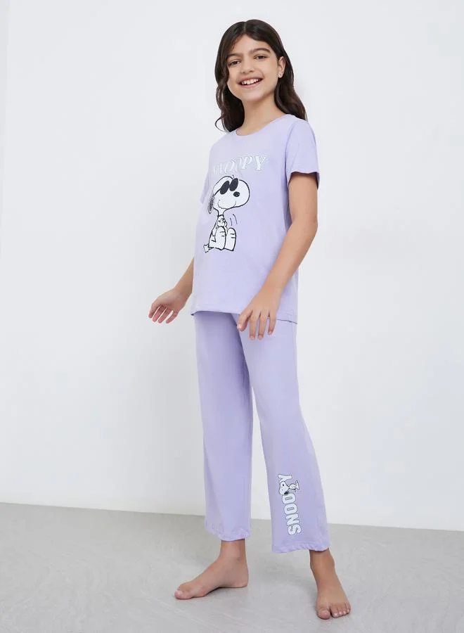 Styli Styli Teens Lilac Snoopy Print T-Shirt and Pyjama Set