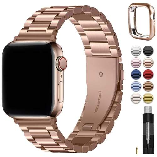 Fullmosa Metal Band Compatible with Apple Watch Bands Series 11 10 42mm Stainless Steel Strap iWatch Band with Case for Apple Watch Rose Gold - Image 1