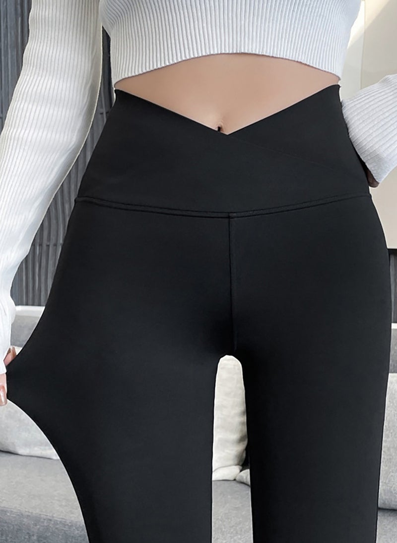 Merry Moments Black High-Waist Flared Pants Skin Friendly Stretchable Fit Fashion Daily Outfit Fitness High Elastic Solid Color - Image 2