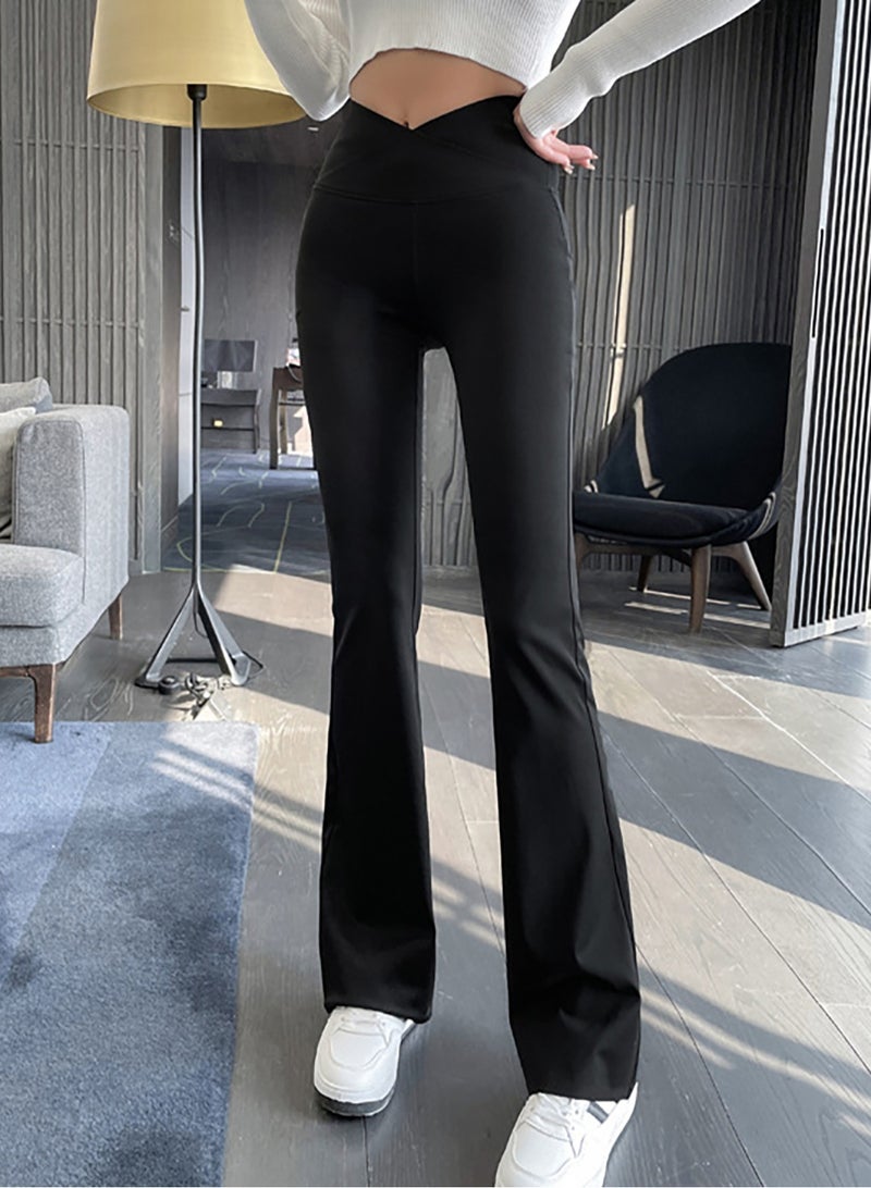 Merry Moments Black High-Waist Flared Pants Skin Friendly Stretchable Fit Fashion Daily Outfit Fitness High Elastic Solid Color - Image 4